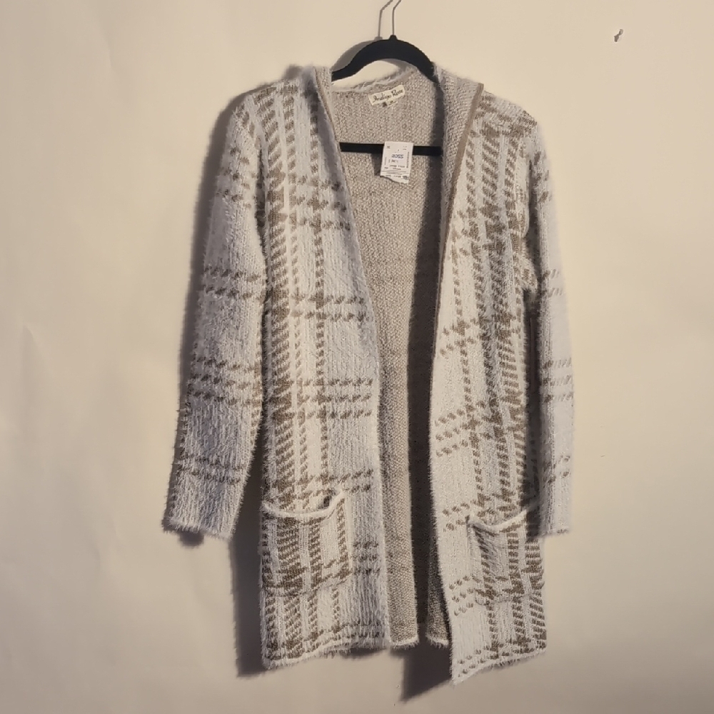Fuzzy Plaid Hooded Longline Cardigan – Cream and Taupe Eyelash Knit Size Medium